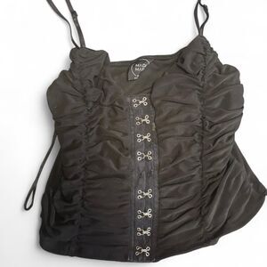 Madi Moon Ruched Mesh Crop Top with Metallic Clasps Women's Medium